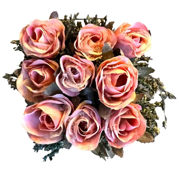 Silk Pink Tea Rose Plant Resin Planter Gold Wire Ribbon 7" Tall x 5.5" Square - Picture 3 of 13